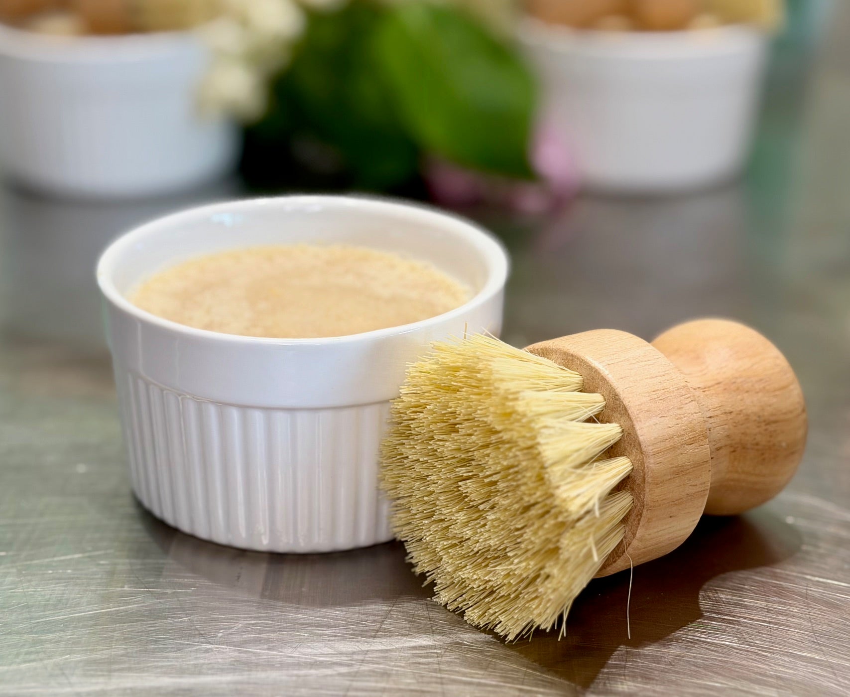 Goat Milk Dish Soap in Ramekin with Artisan Brush - Lemongrass