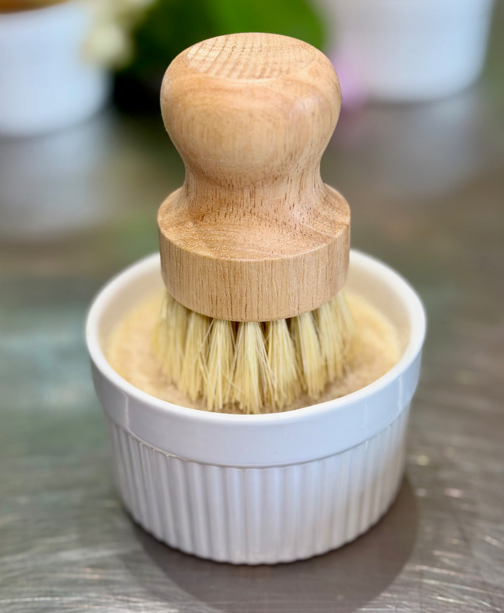 Goat Milk Dish Soap in Ramekin with Artisan Brush - Lemongrass